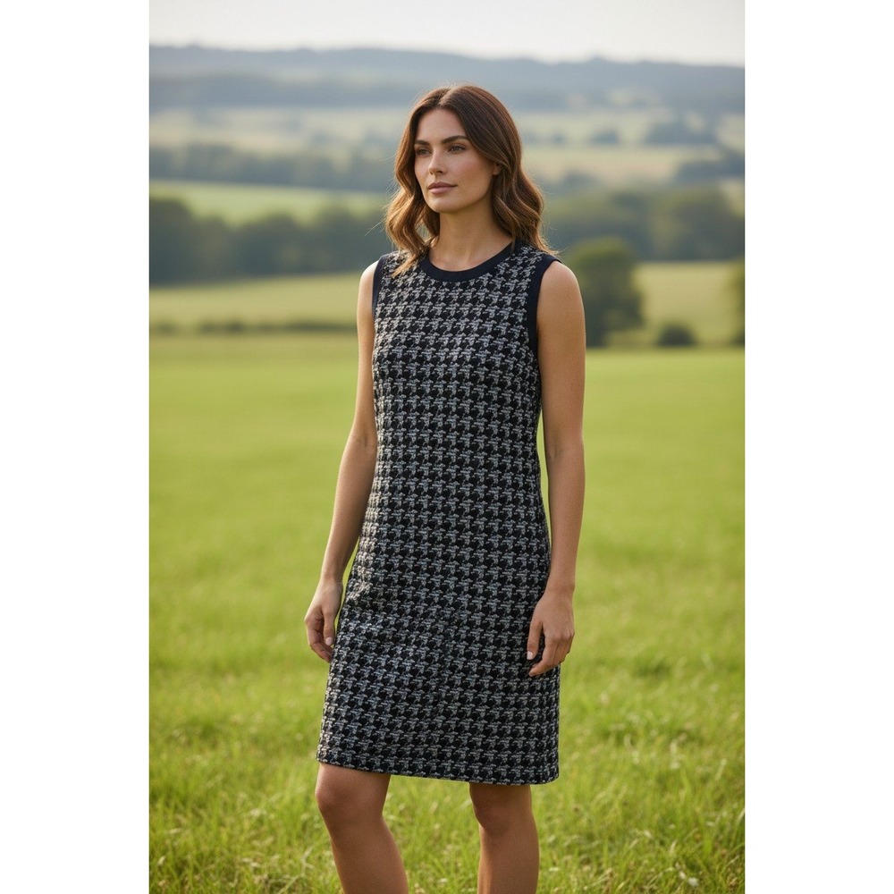 Sleeveless Houndstooth Dress Women's Black Blue Career Office Chic Size 10